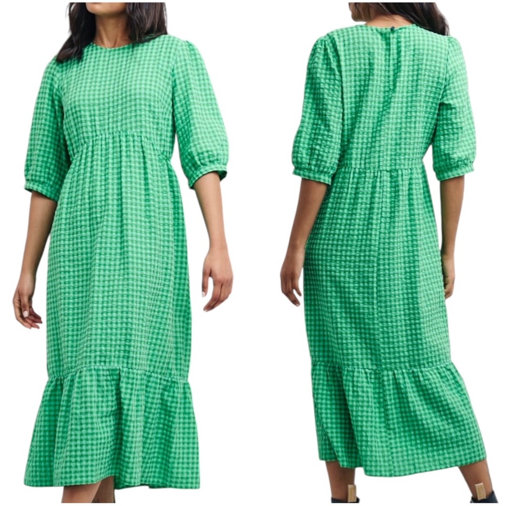 Nobody's Child Green Check Rachel Smocked Midi Dress Tiered Half Sleeve US sz 6